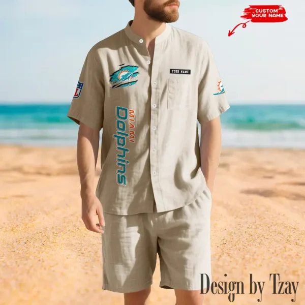 Miami Dolphins Breathable Summer Linen Shirt And Shorts Men's Two-Piece Set SPTBSLSSMTPS020 - Image 2