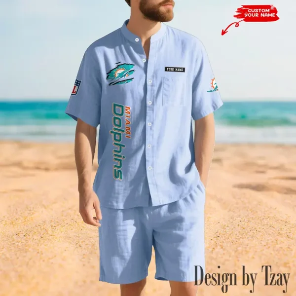 Miami Dolphins Breathable Summer Linen Shirt And Shorts Men's Two-Piece Set SPTBSLSSMTPS020 - Image 5