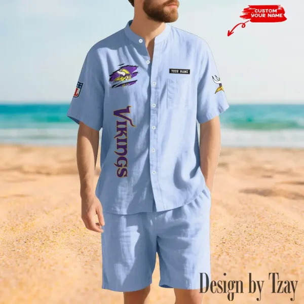 Minnesota Vikings Breathable Summer Linen Shirt And Shorts Men's Two-Piece Set SPTBSLSSMTPS021