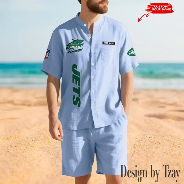 New York Jets Breathable Summer Linen Shirt And Shorts Men's Two-Piece Set SPTBSLSSMTPS025