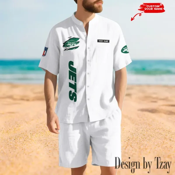 New York Jets Breathable Summer Linen Shirt And Shorts Men's Two-Piece Set SPTBSLSSMTPS025 - Image 3
