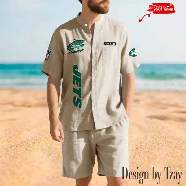 New York Jets Breathable Summer Linen Shirt And Shorts Men's Two-Piece Set SPTBSLSSMTPS025 - Image 4