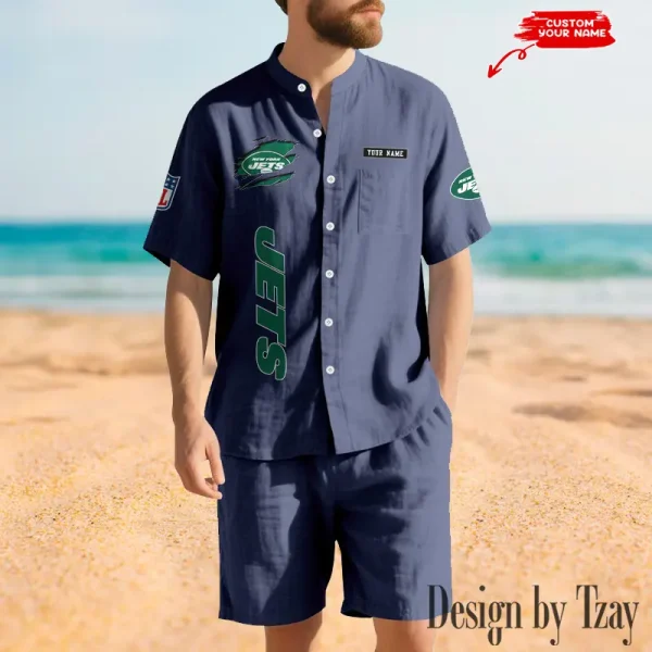 New York Jets Breathable Summer Linen Shirt And Shorts Men's Two-Piece Set SPTBSLSSMTPS025 - Image 5