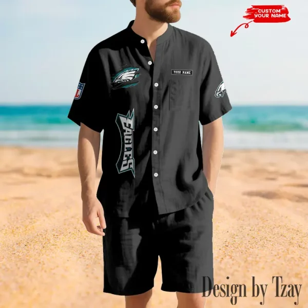 Philadelphia Eagles Breathable Summer Linen Shirt And Shorts Men's Two-Piece Set SPTBSLSSMTPS026 - Image 3