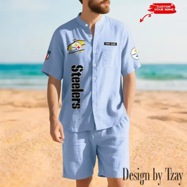 Pittsburgh Steelers Breathable Summer Linen Shirt And Shorts Men's Two-Piece Set SPTBSLSSMTPS027 - Image 2