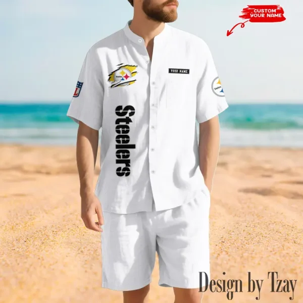 Pittsburgh Steelers Breathable Summer Linen Shirt And Shorts Men's Two-Piece Set SPTBSLSSMTPS027 - Image 3