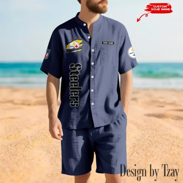 Pittsburgh Steelers Breathable Summer Linen Shirt And Shorts Men's Two-Piece Set SPTBSLSSMTPS027 - Image 4