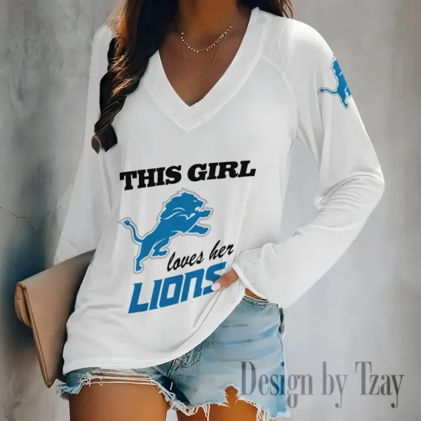 Detroit Lions Women's Long sleeves T-shirt V-neck Trending 2025 BGVPS340