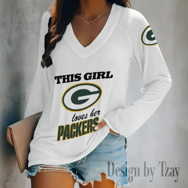 Green Bay Packers Women's Long sleeves T-shirt V-neck Trending 2025 BGVPS341