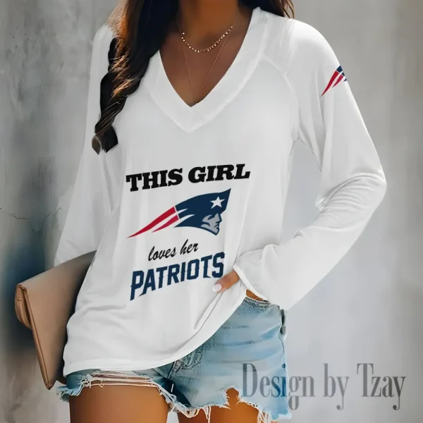 New England Patriots Women's Long sleeves T-shirt V-neck Trending 2025 BGVPS351
