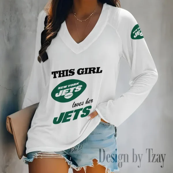 New York Jets Women's Long sleeves T-shirt V-neck Trending 2025 BGVPS354