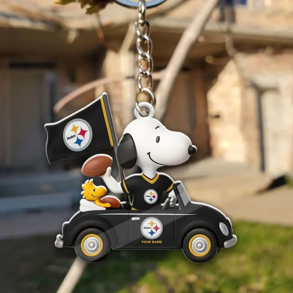 Pittsburgh Steelers Football Team US Cartoon Dog Keychain Custom Name Gift For Fan SPTAKC065
