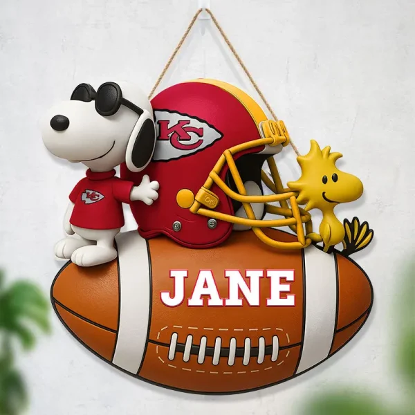 Kansas City Chiefs Football US Team And Cartoon Dog Wood Sign Personalized Gift For Fans SPTWOODSIGN033