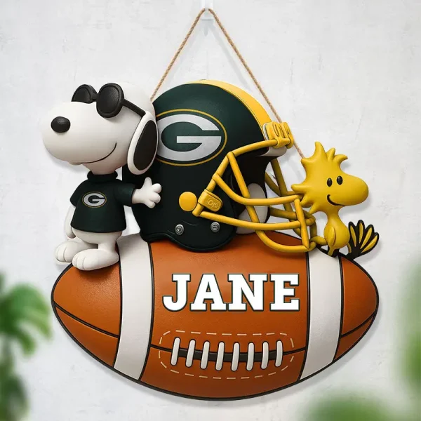 Green Bay Packers Football US Team And Cartoon Dog Wood Sign Personalized Gift For Fans SPTWOODSIGN034