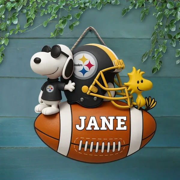 Pittsburgh Steelers Football US Team And Cartoon Dog Wood Sign Personalized Gift For Fans SPTWOODSIGN037 - Image 2