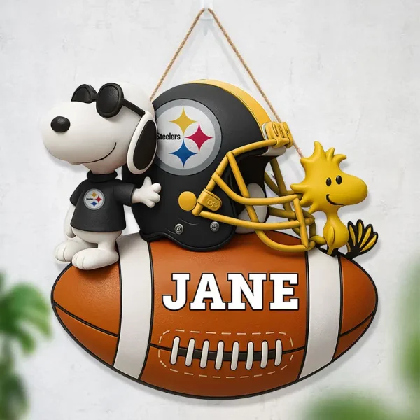 Pittsburgh Steelers Football US Team And Cartoon Dog Wood Sign Personalized Gift For Fans SPTWOODSIGN037 - Image 3