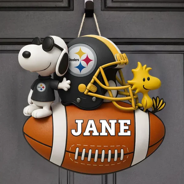Pittsburgh Steelers Football US Team And Cartoon Dog Wood Sign Personalized Gift For Fans SPTWOODSIGN037