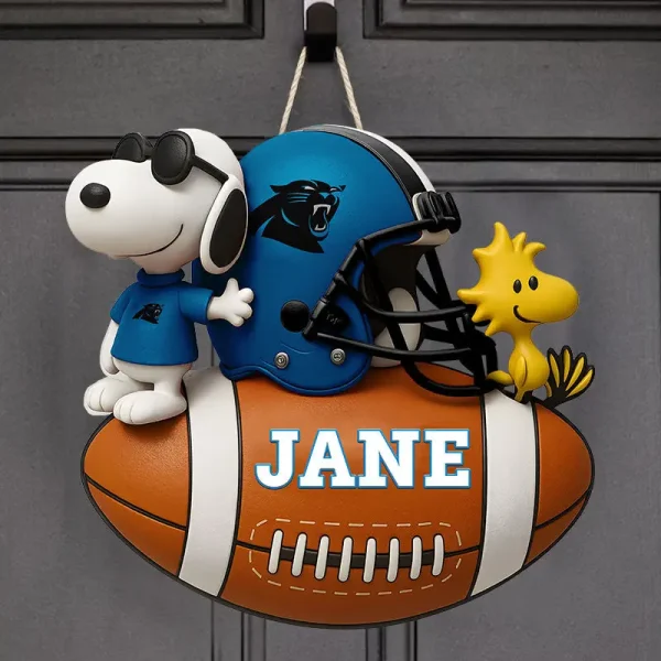 Carolina Panthers Football US Team And Cartoon Dog Wood Sign Personalized Gift For Fans SPTWOODSIGN042