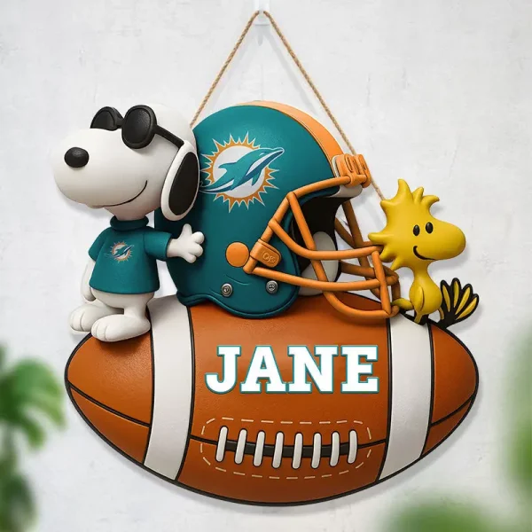 Miami Dolphins Football US Team And Cartoon Dog Wood Sign Personalized Gift For Fans SPTWOODSIGN051 - Image 3