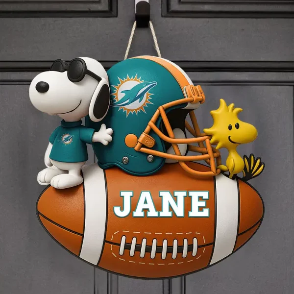 Miami Dolphins Football US Team And Cartoon Dog Wood Sign Personalized Gift For Fans SPTWOODSIGN051