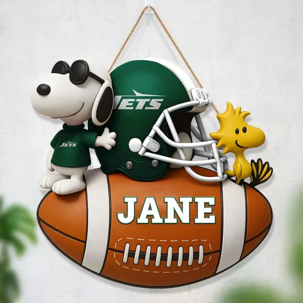 New York Jets Football US Team And Cartoon Dog Wood Sign Personalized Gift For Fans SPTWOODSIGN053 - Image 2