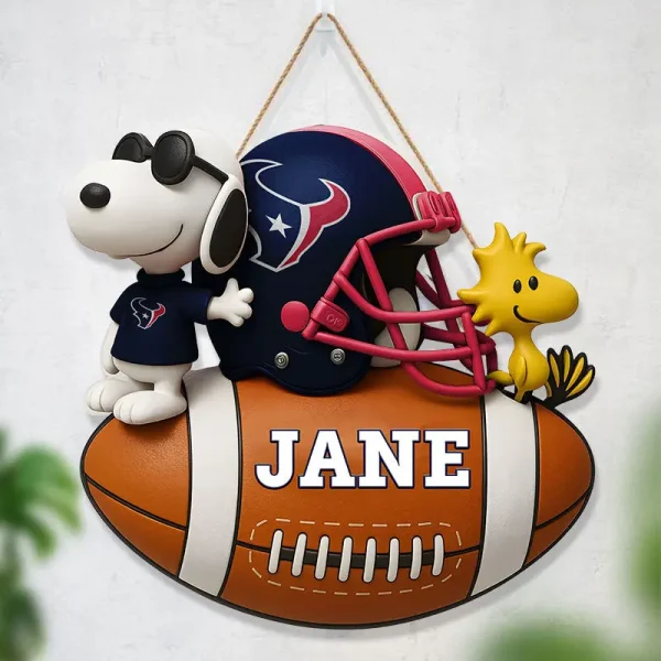 Houston Texans Football US Team And Cartoon Dog Wood Sign Personalized Gift For Fans SPTWOODSIGN054 - Image 2