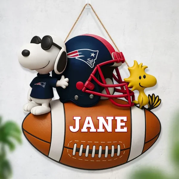 New England Patriots Football US Team And Cartoon Dog Wood Sign Personalized Gift For Fans SPTWOODSIGN061 - Image 2