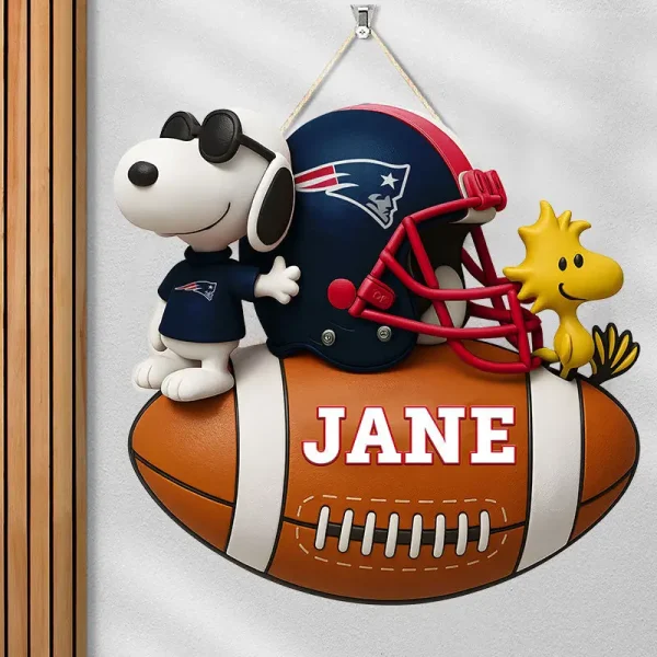 New England Patriots Football US Team And Cartoon Dog Wood Sign Personalized Gift For Fans SPTWOODSIGN061 - Image 3