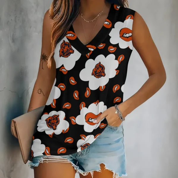 Chicago Bears Tank Top Camisole Women Fashion V-Neck Short Sleeve Tshirt SPTVNECKWVTS233