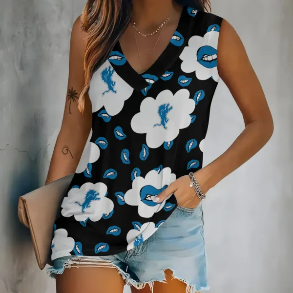 Detroit Lions Tank Top Camisole Women Fashion V-Neck Short Sleeve Tshirt SPTVNECKWVTS238