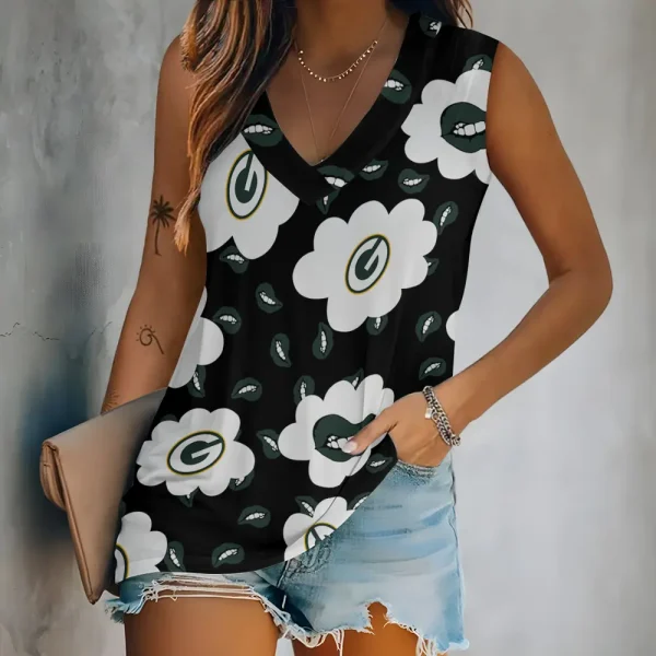 Green Bay Packers Tank Top Camisole Women Fashion V-Neck Short Sleeve Tshirt SPTVNECKWVTS239