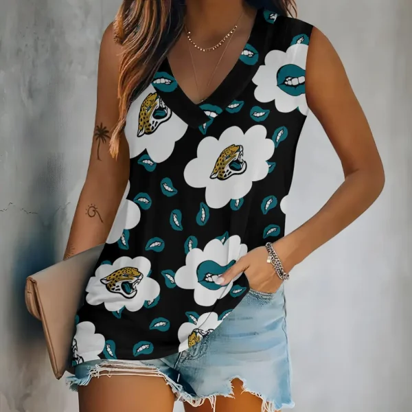 Jacksonville Jaguars Tank Top Camisole Women Fashion V-Neck Short Sleeve Tshirt SPTVNECKWVTS242