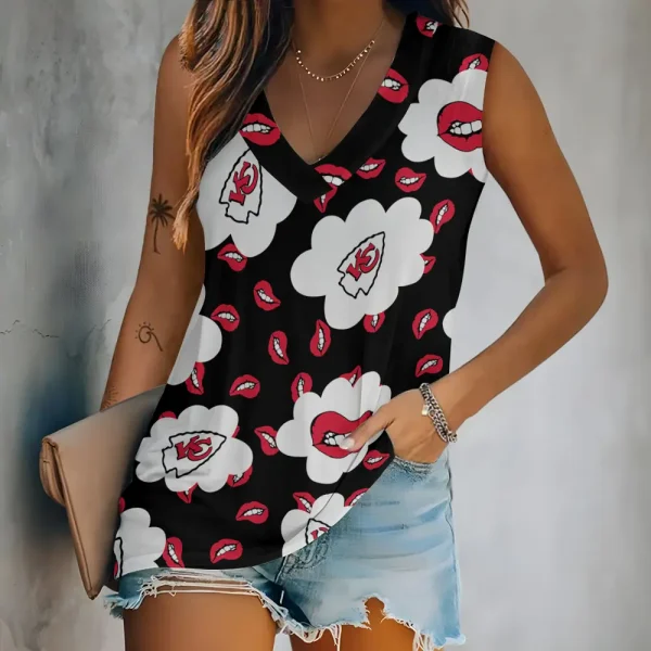 Kansas City Chiefs Tank Top Camisole Women Fashion V-Neck Short Sleeve Tshirt SPTVNECKWVTS243