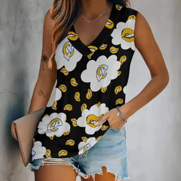 Los Angeles Rams Tank Top Camisole Women Fashion V-Neck Short Sleeve Tshirt SPTVNECKWVTS246