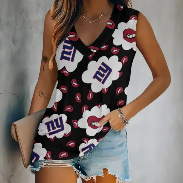 New York Giants Tank Top Camisole Women Fashion V-Neck Short Sleeve Tshirt SPTVNECKWVTS251