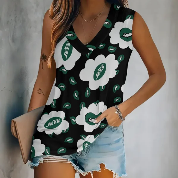 New York Jets Tank Top Camisole Women Fashion V-Neck Short Sleeve Tshirt SPTVNECKWVTS252