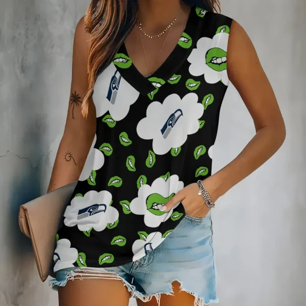 Seattle Seahawks Tank Top Camisole Women Fashion V-Neck Short Sleeve Tshirt SPTVNECKWVTS256