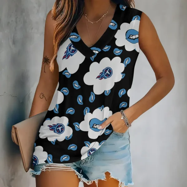 Tennessee Titans Tank Top Camisole Women Fashion V-Neck Short Sleeve Tshirt SPTVNECKWVTS258