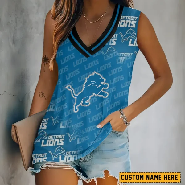 Detroit Lions Tank Top Camisole Women Fashion V-Neck Short Sleeve Tshirt SPTVNECKWVTS271
