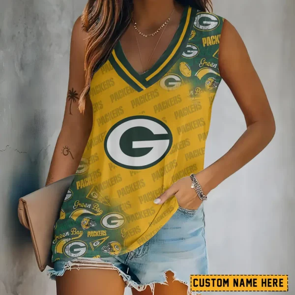 Green Bay Packers Tank Top Camisole Women Fashion V-Neck Short Sleeve Tshirt SPTVNECKWVTS272