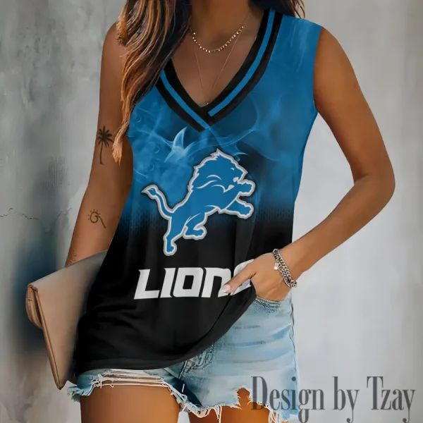 Detroit Lions Tank Top Camisole Women Fashion V-Neck Short Sleeve Tshirt SPTVNECKWVTS304