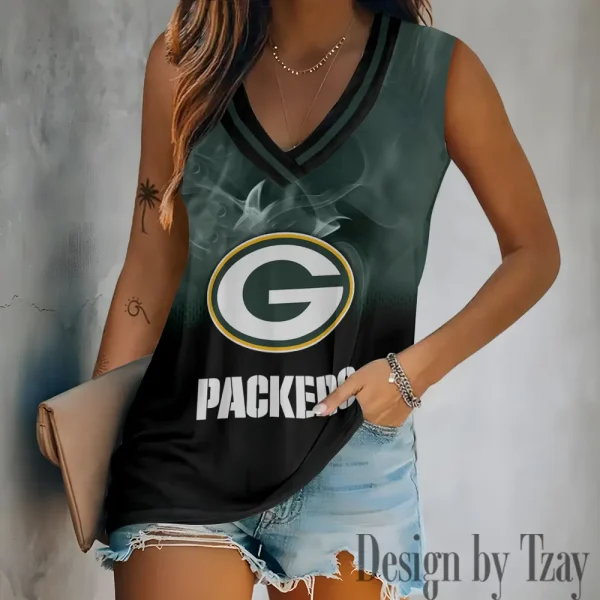 Green Bay Packers Tank Top Camisole Women Fashion V-Neck Short Sleeve Tshirt SPTVNECKWVTS305
