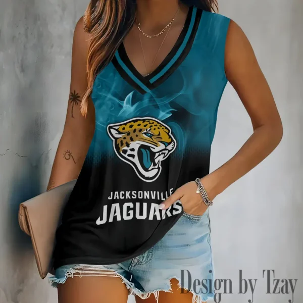 Jacksonville Jaguars Tank Top Camisole Women Fashion V-Neck Short Sleeve Tshirt SPTVNECKWVTS308
