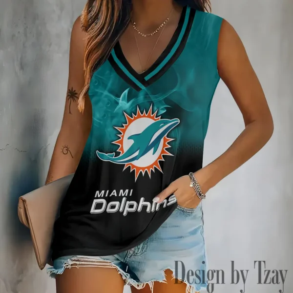 Miami Dolphins Tank Top Camisole Women Fashion V-Neck Short Sleeve Tshirt SPTVNECKWVTS313