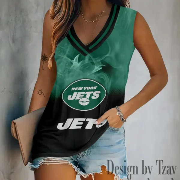 New York Jets Tank Top Camisole Women Fashion V-Neck Short Sleeve Tshirt SPTVNECKWVTS318