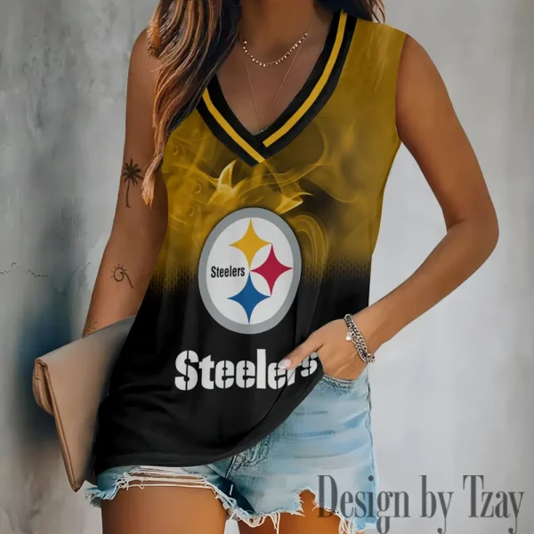 Pittsburgh Steelers Tank Top Camisole Women Fashion V-Neck Short Sleeve Tshirt SPTVNECKWVTS320