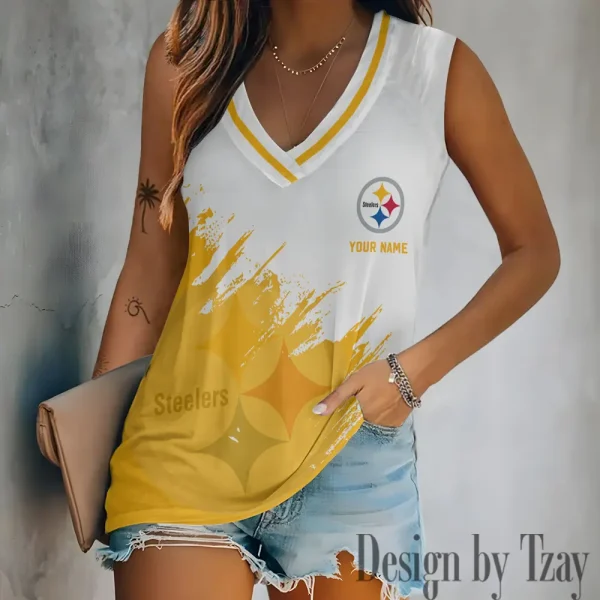 Pittsburgh Steelers Tank Top Camisole Women Fashion V-Neck Short Sleeve Tshirt SPTVNECKWVTS352
