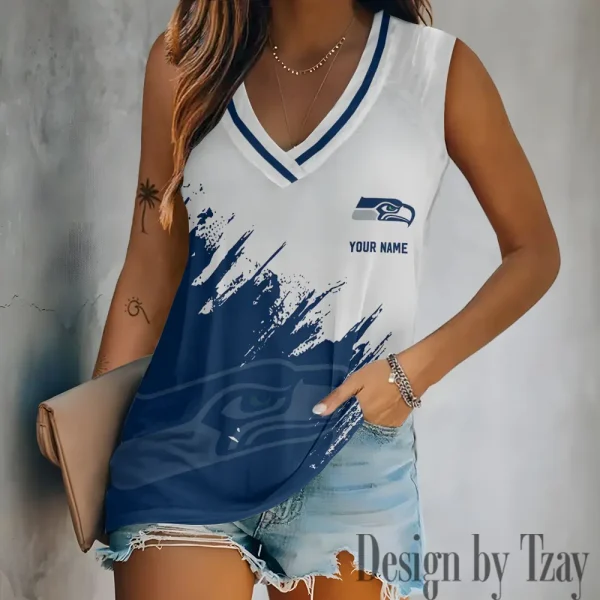 Seattle Seahawks Tank Top Camisole Women Fashion V-Neck Short Sleeve Tshirt SPTVNECKWVTS354