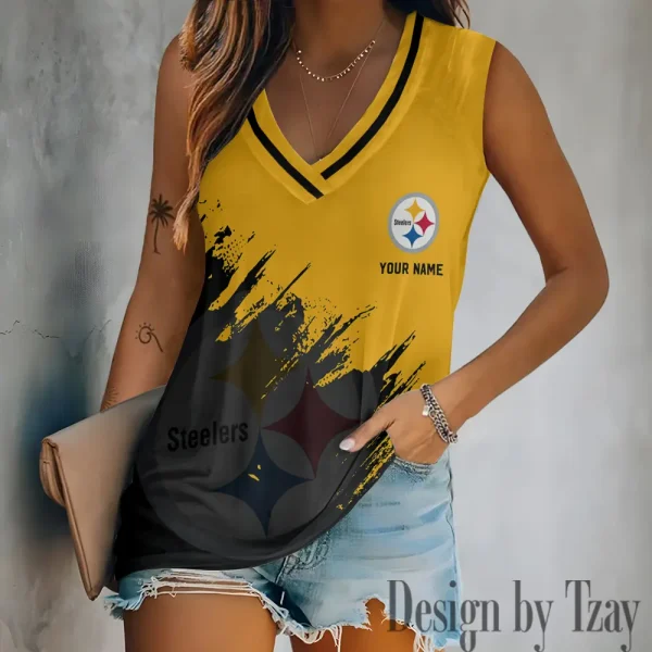Pittsburgh Steelers Tank Top Camisole Women Fashion V-Neck Short Sleeve Tshirt SPTVNECKWVTS363