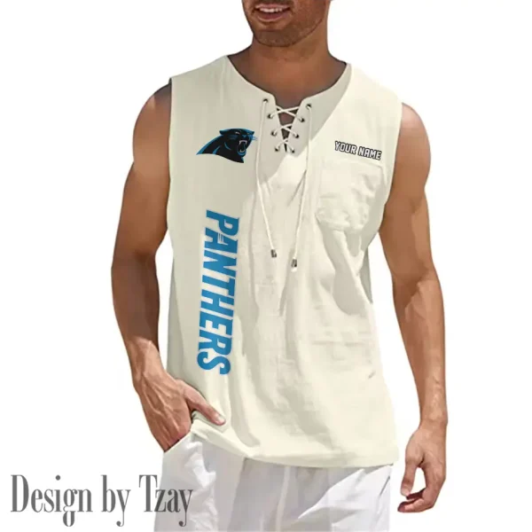 Carolina Panthers Eye-catching Lace Up Collar Men's Solid Color Beach Pullover Shirt SPTELUCMS005